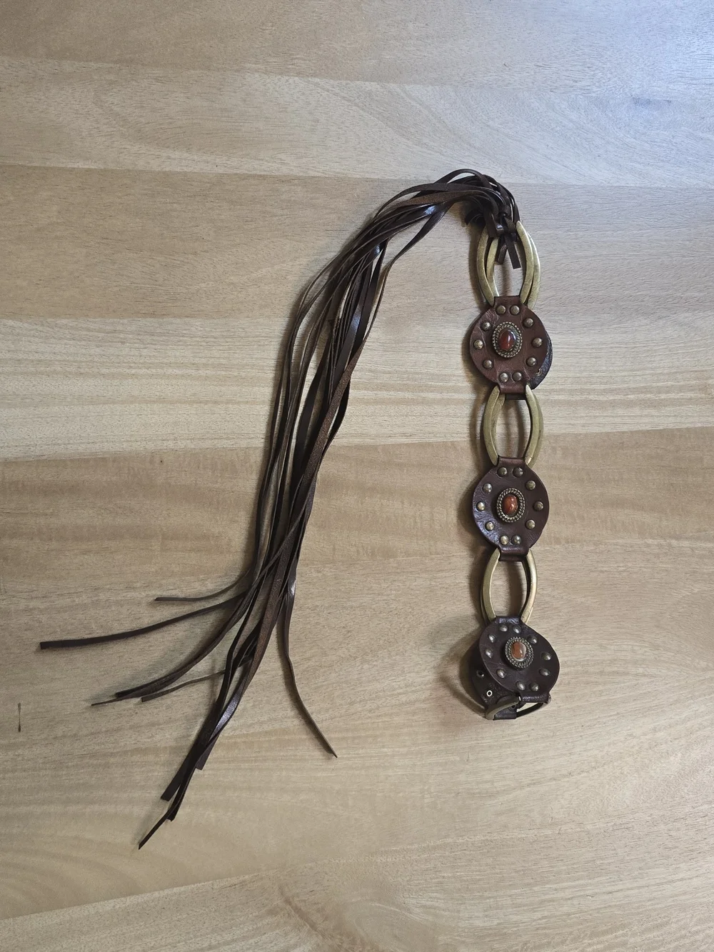 Vintage Y2K Boho Leather Concho Fringe Hip Belt Brass Ring Studded Amber Stones